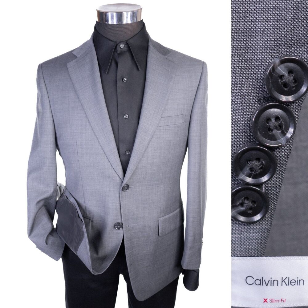 Calvin Klein X-SLIM 39S Wool Solid Gray 2 Button Blazer Jacket Sport Coat